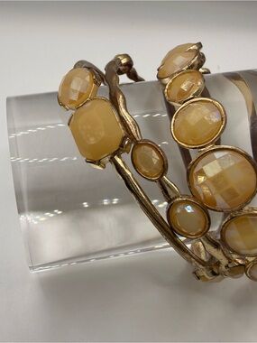 Set of 3 Gold Amber Yellow Bangle Bracelets Faceted Cabochon Statement Stack